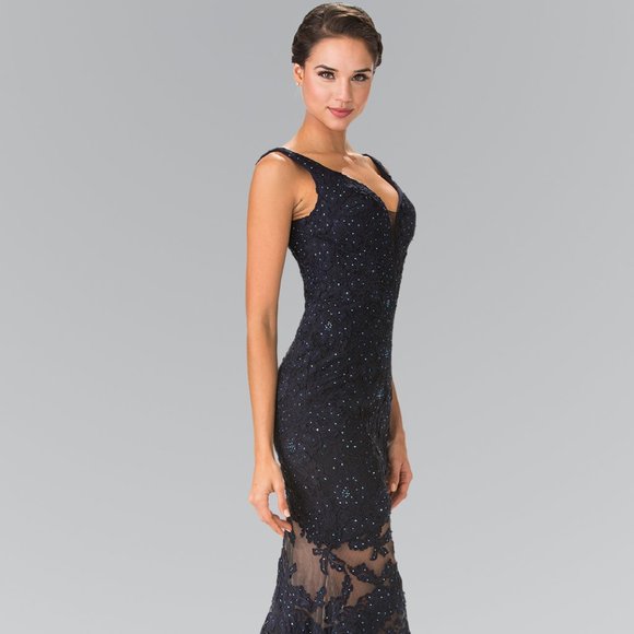 NEW FLOOR LENGTH SLEEVELESS MERMAID DRESS WITH ZIPPER BACK & SHEER SKIRT GL2249 - Picture 1 of 10